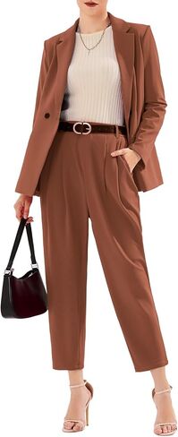 EXLURA Women's Business Blazer and High Elastic Waist Pant Suit Set Loose Fit Casual Fall Winter 2 Piece Suits for Work in Kuwait