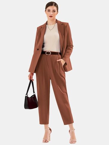EXLURA Women's Business Blazer and High Elastic Waist Pant Suit Set Loose Fit Casual Fall Winter 2 Piece Suits for Work in Kuwait