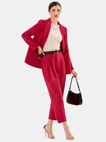 EXLURA Women's Business Blazer and High Elastic Waist Pant Suit Set Loose Fit Casual Fall Winter 2 Piece Suits for Work in Kuwait