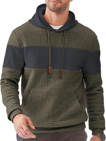 Men's Casual Sweatshirts Hooded Long Sleeve Waffle Drawstring Color Block Sweaters with Pockets in Kuwait