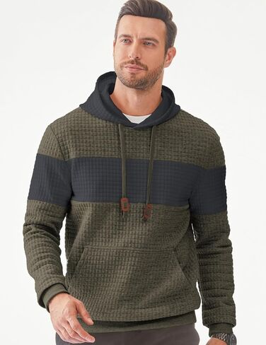 Men's Casual Sweatshirts Hooded Long Sleeve Waffle Drawstring Color Block Sweaters with Pockets in Kuwait