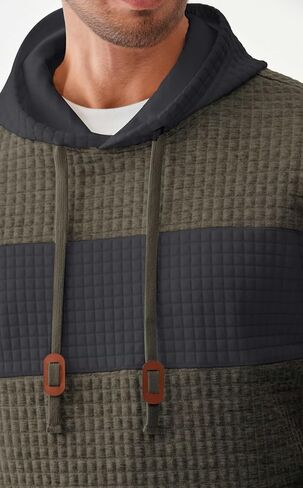 Men's Casual Sweatshirts Hooded Long Sleeve Waffle Drawstring Color Block Sweaters with Pockets in Kuwait