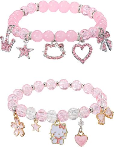 2PCS Kawaii لطيف كيتي أساور مجموعة الوردي القلب القوس الخماسي تاج سحر الصداقة أساور كريستال الخرزة أساور مرنة عيد ميلاد عيد الميلاد مجوهرات هدية للنساء BFF in Kuwait