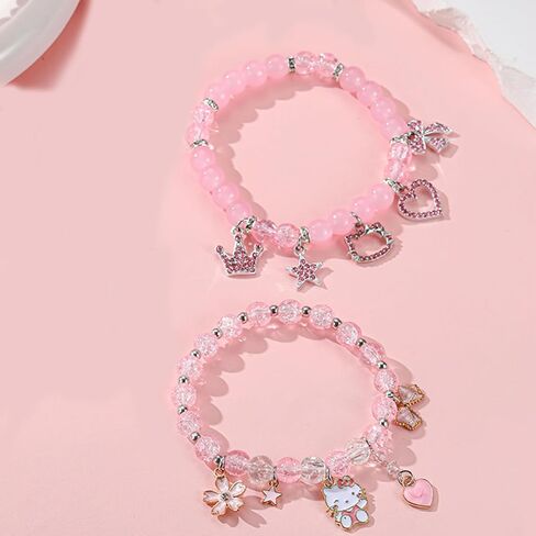 2PCS Kawaii لطيف كيتي أساور مجموعة الوردي القلب القوس الخماسي تاج سحر الصداقة أساور كريستال الخرزة أساور مرنة عيد ميلاد عيد الميلاد مجوهرات هدية للنساء BFF in Kuwait