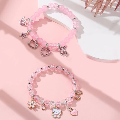 2PCS Kawaii لطيف كيتي أساور مجموعة الوردي القلب القوس الخماسي تاج سحر الصداقة أساور كريستال الخرزة أساور مرنة عيد ميلاد عيد الميلاد مجوهرات هدية للنساء BFF in Kuwait
