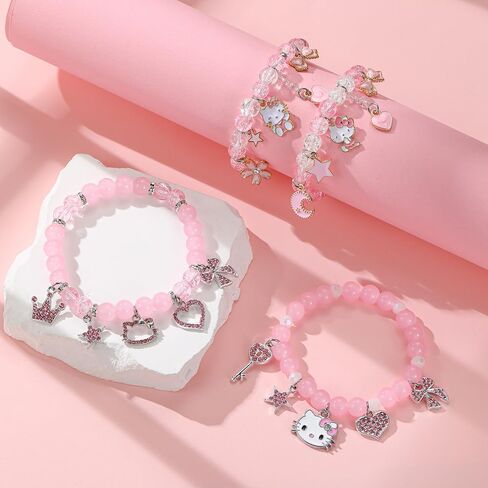2PCS Kawaii لطيف كيتي أساور مجموعة الوردي القلب القوس الخماسي تاج سحر الصداقة أساور كريستال الخرزة أساور مرنة عيد ميلاد عيد الميلاد مجوهرات هدية للنساء BFF in Kuwait
