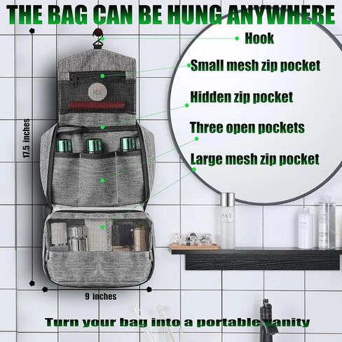 Travel Toiletry Bag for Men & Women，Water-Resistant Hanging Organizer with 6 Compartments, Small Organizer for Accessories, Shampoo, Full-size containers, Toiletries in Saudi Arabia
