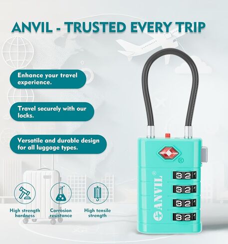 أقفال الأمتعة المكونة من 4 أرقام من ANVIL، أقفال TSA للأمتعة، قلب TSA008 المتقدم، مؤشر تنبيه لقفل السفر الخاص بك، قفل حقيبة السفر. (4، سماوي) in Kuwait