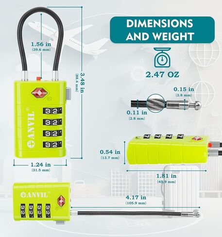 أقفال الأمتعة المكونة من 4 أرقام من ANVIL، أقفال TSA للأمتعة، قلب TSA008 المتقدم، مؤشر تنبيه لقفل السفر الخاص بك، قفل حقيبة السفر. (4، سماوي) in Kuwait