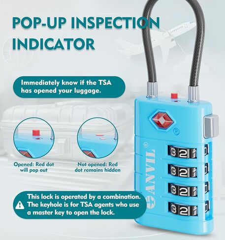 أقفال الأمتعة المكونة من 4 أرقام من ANVIL، أقفال TSA للأمتعة، قلب TSA008 المتقدم، مؤشر تنبيه لقفل السفر الخاص بك، قفل حقيبة السفر. (4، سماوي) in Kuwait
