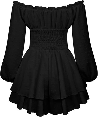 رومبير نسائي مكشكش مكشوف الأكتاف وأكمام منتفخة وطبقات على شكل حرف a على شكل قرصان خرافي بذلة قصيرة أنيقة in Kuwait