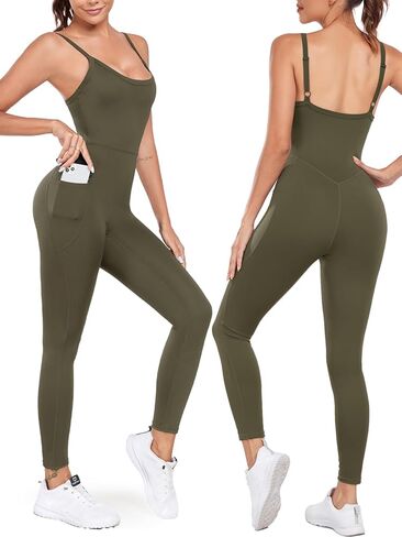 VURTU جمبسوت للتمرين للنساء بدون أكمام، رومبير رياضي قطعة واحدة للتحكم في البطن، بدلة اليوغا مع جيوب in Kuwait