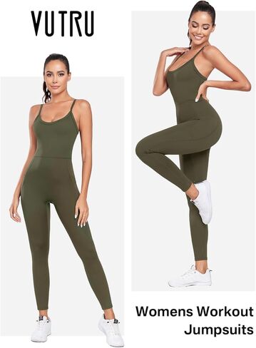 VURTU جمبسوت للتمرين للنساء بدون أكمام، رومبير رياضي قطعة واحدة للتحكم في البطن، بدلة اليوغا مع جيوب in Kuwait