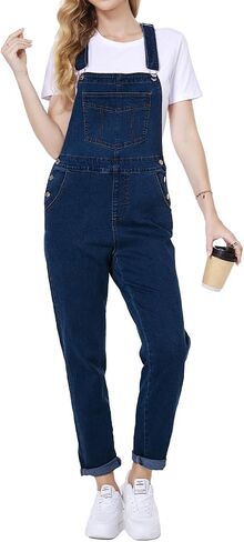Women's Casual Stretch Classic Basic Boyfriend Fit Casual Denim Bib Overalls in Kuwait