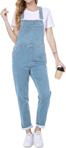 Women's Casual Stretch Classic Basic Boyfriend Fit Casual Denim Bib Overalls in Kuwait
