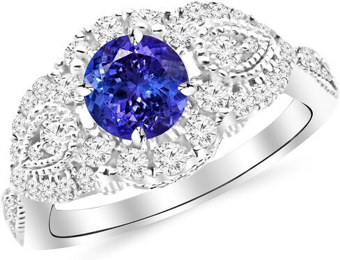 1.5 Carat 14K White Gold Designer Halo Milgrain Diamond Engagement Ring with a 0.75 Carat Natural Tanzanite Center (Heirloom Quality) in Saudi Arabia