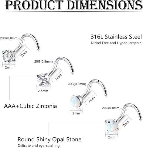 20Pcs 20G Nose Rings Studs Surgical Stainless Steel Nose Studs for Women Colorful Opal CZ Nose Piercing Jewelry Hypoallergenic Nose Jewelry for Women Men in Saudi Arabia
