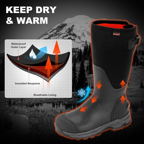 Showave Men's Rubber Hunting Boots, Waterproof Rain Boots Insulated Neoprene Mud Boots, Durable Arctic Outdoor Working Boots, Adjustable Farm Boots with Steel Shank in Saudi Arabia
