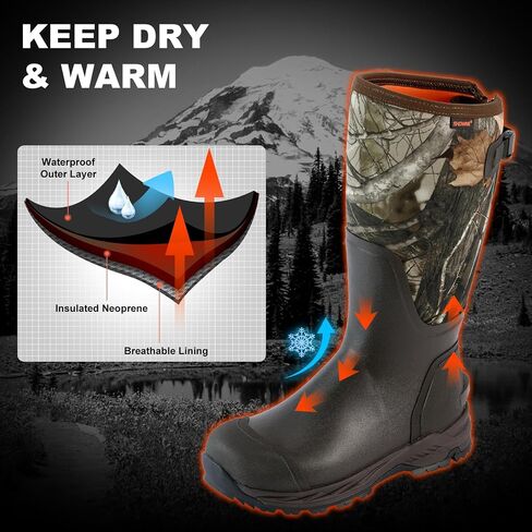 Showave Men's Rubber Hunting Boots, Waterproof Rain Boots Insulated Neoprene Mud Boots, Durable Arctic Outdoor Working Boots, Adjustable Farm Boots with Steel Shank in Saudi Arabia