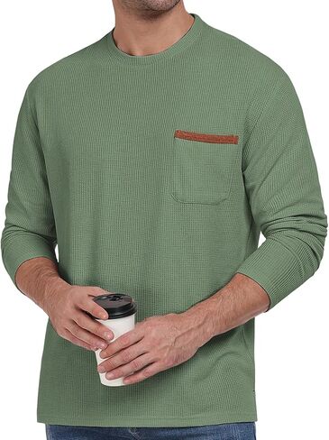 Mens Casual T-Shirt Short/Long Sleeve Crew Neck Soft Tee Shirts Summer Beach Waffle Textured Tops with Pocket in Saudi Arabia