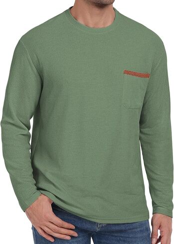 Mens Casual T-Shirt Short/Long Sleeve Crew Neck Soft Tee Shirts Summer Beach Waffle Textured Tops with Pocket in Saudi Arabia