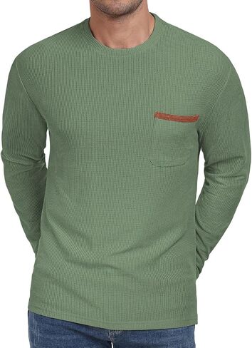 Mens Casual T-Shirt Short/Long Sleeve Crew Neck Soft Tee Shirts Summer Beach Waffle Textured Tops with Pocket in Saudi Arabia