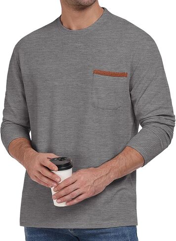 Mens Casual T-Shirt Short/Long Sleeve Crew Neck Soft Tee Shirts Summer Beach Waffle Textured Tops with Pocket in Saudi Arabia