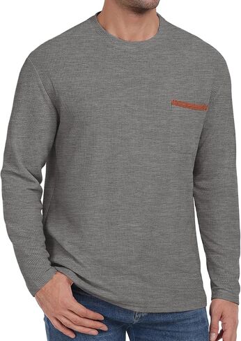 Mens Casual T-Shirt Short/Long Sleeve Crew Neck Soft Tee Shirts Summer Beach Waffle Textured Tops with Pocket in Saudi Arabia
