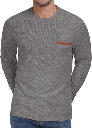 Mens Casual T-Shirt Short/Long Sleeve Crew Neck Soft Tee Shirts Summer Beach Waffle Textured Tops with Pocket in Saudi Arabia