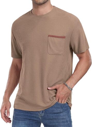Mens Casual T-Shirt Short/Long Sleeve Crew Neck Soft Tee Shirts Summer Beach Waffle Textured Tops with Pocket in Saudi Arabia