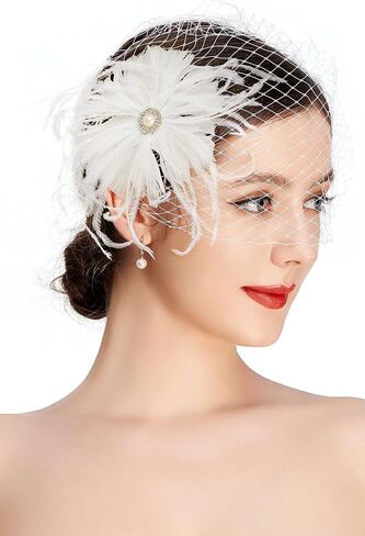 قبعات فاسيناتورز للنساء - مشبك شعر من الريش مع حجاب قابل للفصل وقبعة لحفلات الشاي وطرحة الزفاف in Kuwait