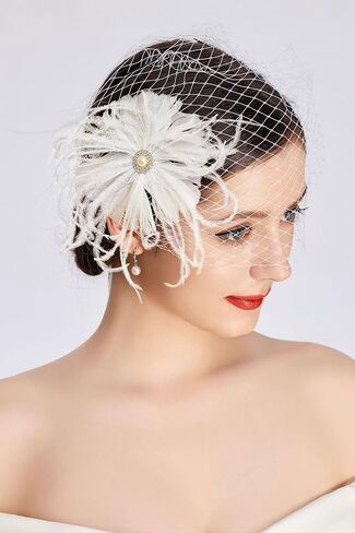 قبعات فاسيناتورز للنساء - مشبك شعر من الريش مع حجاب قابل للفصل وقبعة لحفلات الشاي وطرحة الزفاف in Kuwait
