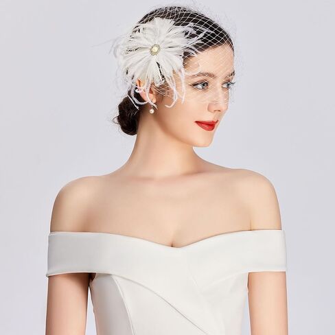 قبعات فاسيناتورز للنساء - مشبك شعر من الريش مع حجاب قابل للفصل وقبعة لحفلات الشاي وطرحة الزفاف in Kuwait