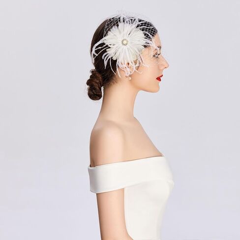 قبعات فاسيناتورز للنساء - مشبك شعر من الريش مع حجاب قابل للفصل وقبعة لحفلات الشاي وطرحة الزفاف in Kuwait