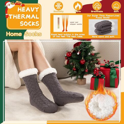 Womens Warm Slipper Socks Winter Knit Fuzzy Cozy Thick Fleece Lined Socks with Grippers Thermal Home Socks in Saudi Arabia