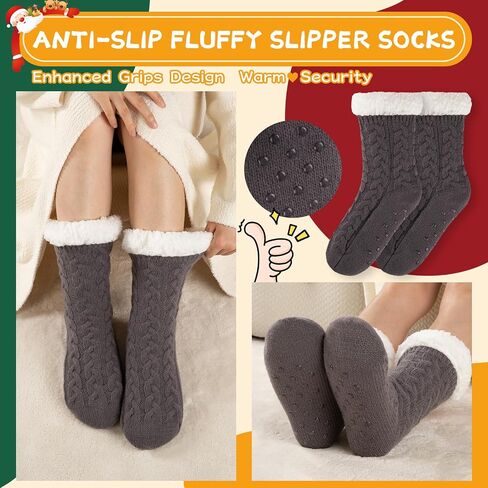 Womens Warm Slipper Socks Winter Knit Fuzzy Cozy Thick Fleece Lined Socks with Grippers Thermal Home Socks in Saudi Arabia