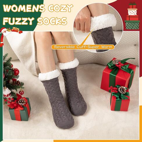 Womens Warm Slipper Socks Winter Knit Fuzzy Cozy Thick Fleece Lined Socks with Grippers Thermal Home Socks in Saudi Arabia