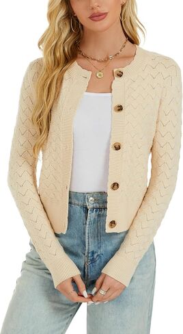 Women's Long Sleeve Cropped Knitted Sweater Cardigan Button Down Open Front Knitted Shrug Sweaters in Kuwait