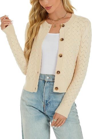 Women's Long Sleeve Cropped Knitted Sweater Cardigan Button Down Open Front Knitted Shrug Sweaters in Kuwait