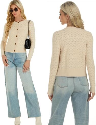 Women's Long Sleeve Cropped Knitted Sweater Cardigan Button Down Open Front Knitted Shrug Sweaters in Kuwait