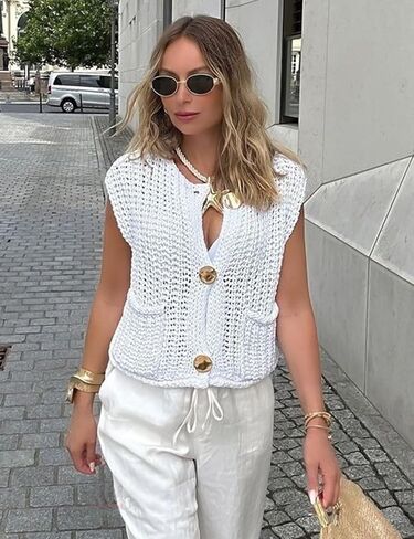 Wyeysyt Womens Sleeveless Crop Knit Cardigan Casual Button Down Cropped Knitted Sweater Vest with Pockets in Kuwait