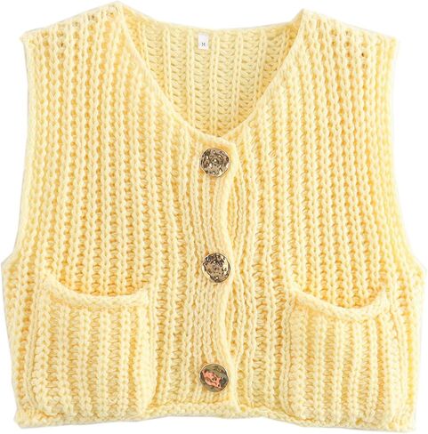 Wyeysyt Womens Sleeveless Crop Knit Cardigan Casual Button Down Cropped Knitted Sweater Vest with Pockets in Kuwait
