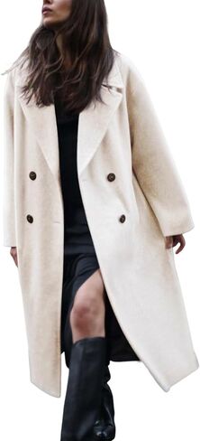 Gihuo Women's Notched Collar Wool Blend Pea Coat Winter Double Breasted Trench Coat Long Oversized Button Down Overcoats in Kuwait