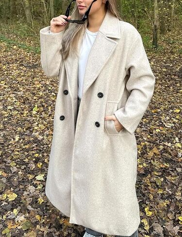 Gihuo Women's Notched Collar Wool Blend Pea Coat Winter Double Breasted Trench Coat Long Oversized Button Down Overcoats in Kuwait