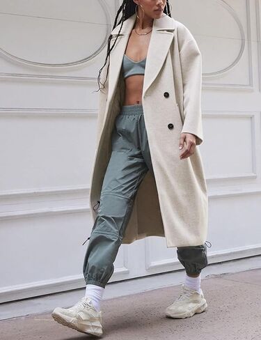 Gihuo Women's Notched Collar Wool Blend Pea Coat Winter Double Breasted Trench Coat Long Oversized Button Down Overcoats in Kuwait