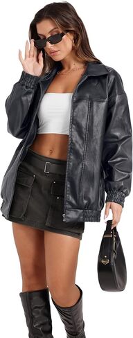 SAMPEEL Leather Jacket Women Faux Oversized Motorcycle Bomber Coats 2025 Fall Fashion Outfits Winter Clothes in Saudi Arabia