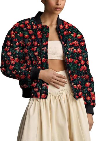 Shiyifa Women's Embroidered Daisy Cropped Bomber Jacket Long Sleeve Zipper Down Cotton Padded Coat Outerwear in Kuwait