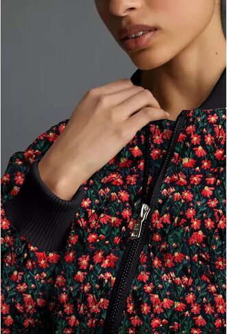 Shiyifa Women's Embroidered Daisy Cropped Bomber Jacket Long Sleeve Zipper Down Cotton Padded Coat Outerwear in Kuwait