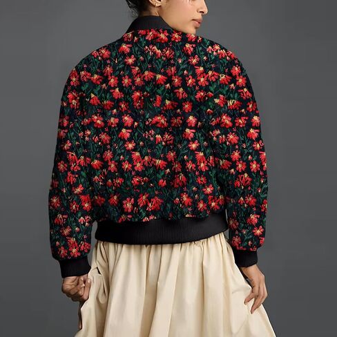 Shiyifa Women's Embroidered Daisy Cropped Bomber Jacket Long Sleeve Zipper Down Cotton Padded Coat Outerwear in Kuwait