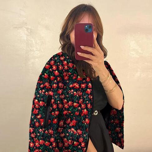 Shiyifa Women's Embroidered Daisy Cropped Bomber Jacket Long Sleeve Zipper Down Cotton Padded Coat Outerwear in Kuwait